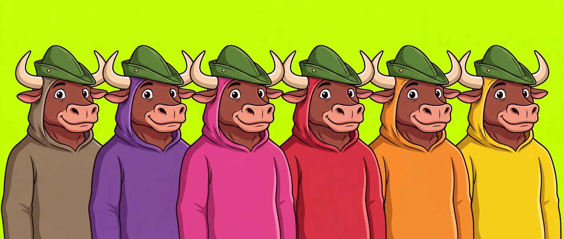 Six cartoon bulls in coloured hoodies and green feathered hats standing in a row