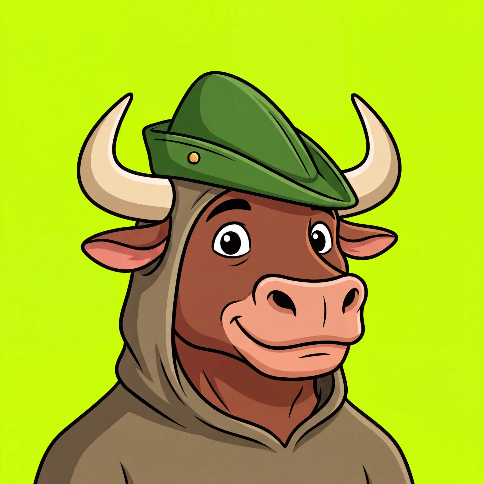 Robinbull, a smiling brown cartoon bull in a grey hoodie and green hat